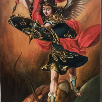 Schilderij getiteld "Arcángel San Miguel" door Francisco F, Origineel Kunstwerk, Olie Gemonteerd op Frame voor houten branca…