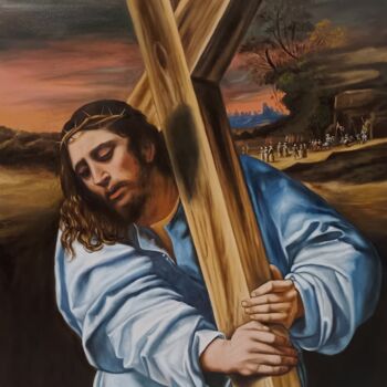 Painting titled "Cristo con la cruz…" by Francisco F, Original Artwork, Oil Mounted on Wood Stretcher frame