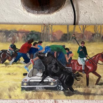 Peinture intitulée "Encierros a caballo…" par Francisco Sánchez, Œuvre d'art originale, Huile Monté sur Châssis en bois