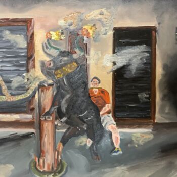 Painting titled "Toro de fuego" by Francisco Sánchez, Original Artwork, Oil Mounted on Wood Stretcher frame