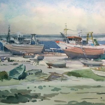Painting titled "barcos" by Francisco Cadete, Original Artwork, Watercolor