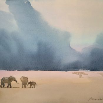 Painting titled "Elephants" by Francisco Cadete, Original Artwork, Watercolor