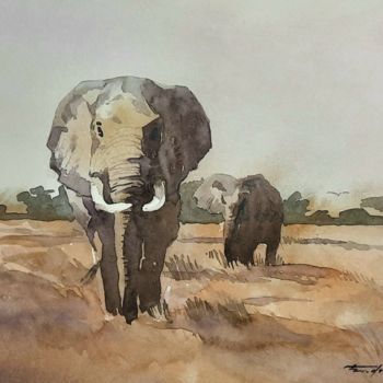 Painting titled "2 Elephants" by Francisco Cadete, Original Artwork, Watercolor