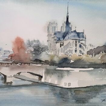 Painting titled "Notre Dame" by Francisco Cadete, Original Artwork, Watercolor