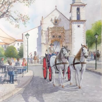 Malerei mit dem Titel "Os cavalos e a fé" von Francisco Salgado Dias, Original-Kunstwerk, Aquarell