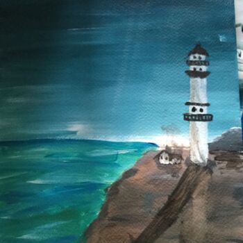 Painting titled "Phare sur plage" by Francis Paquette, Original Artwork, Acrylic