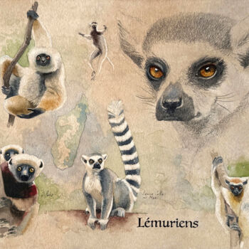绘画 标题为“Lémuriens” 由Franck Herete, 原创艺术品, 水彩