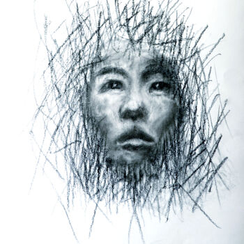 Disegno intitolato "visage asiatique" da Franck Sanz, Opera d'arte originale, Carbone