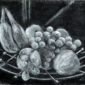 Zeichnungen mit dem Titel "Corbeille de fruits" von Franck Sanz, Original-Kunstwerk, Kohle