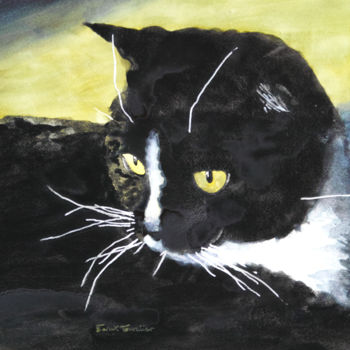 Schilderij getiteld "Le chat aux yeux d'…" door Franck Touratier, Origineel Kunstwerk, Aquarel Gemonteerd op Houten paneel