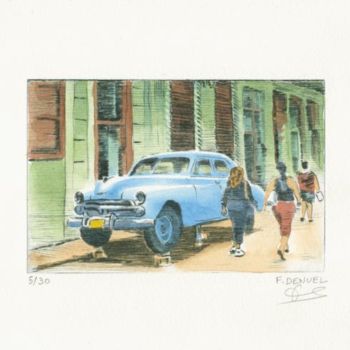 제목이 "Coche en la Havana…"인 디지털 아트 Franck Denuel로, 원작