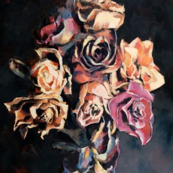 Pittura intitolato "Roses fanées III" da Franck Le Boulicaut, Opera d'arte originale, Olio