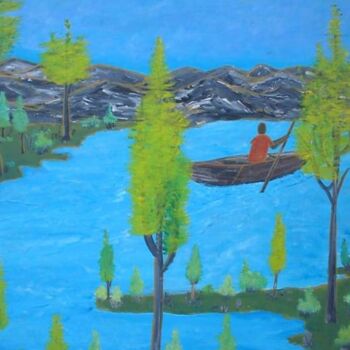 Schilderij getiteld "Row on lac" door Francklin Pierre (Tenyi II), Origineel Kunstwerk, Olie