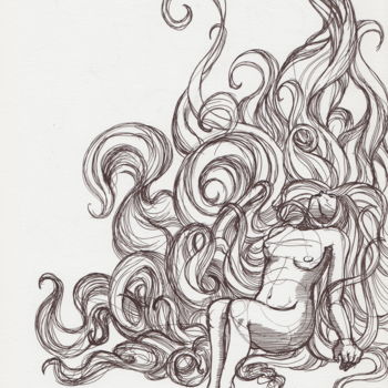 Рисунок под названием "Long Hair Girl" - Franck Renaud, Подлинное произведение искусства, Шариковая ручка