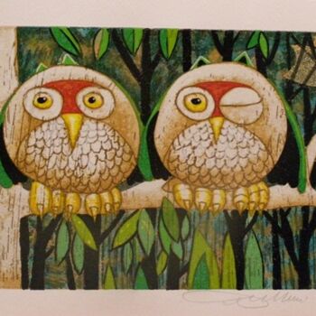 Pittura intitolato "little owls on the…" da Franco Anselmi, Opera d'arte originale, Olio