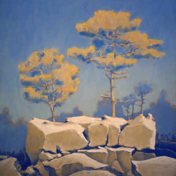 Painting titled "Rochers et pins au…" by François Cusson, Original Artwork, Pastel Mounted on Wood Panel