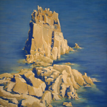 Painting titled "Rochers, Cap Fréhel" by François Cusson, Original Artwork, Pastel Mounted on Wood Panel