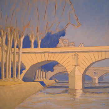 Painting titled "Pont Marie, bleu" by François Cusson, Original Artwork, Pastel Mounted on Wood Panel