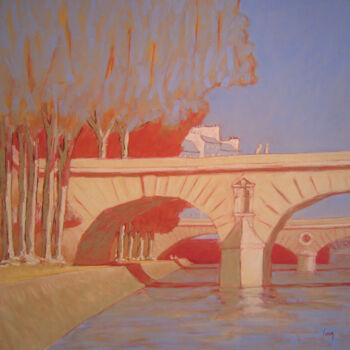 Painting titled "Pont Marie, rouge" by François Cusson, Original Artwork, Pastel Mounted on Wood Panel