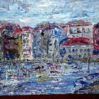 Painting titled "port au soleil couc…" by Francois Dufau, Original Artwork, Oil