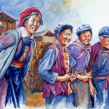 Ζωγραφική με τίτλο "yunnan-paysannes.jpg" από François Lanvin, Αυθεντικά έργα τέχνης, Ακουαρέλα