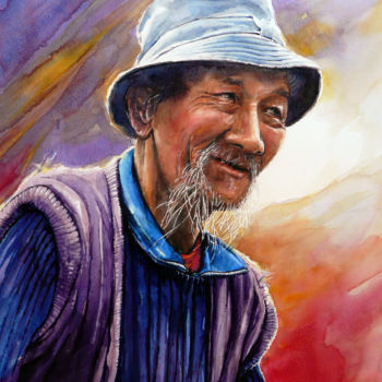 Peinture intitulée "yunnan-vieux-paysan…" par François Lanvin, Œuvre d'art originale, Aquarelle
