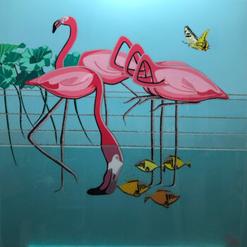 Painting titled "FLAMINGO" by François Poulat, Original Artwork, Acrylic Mounted on Wood Stretcher frame