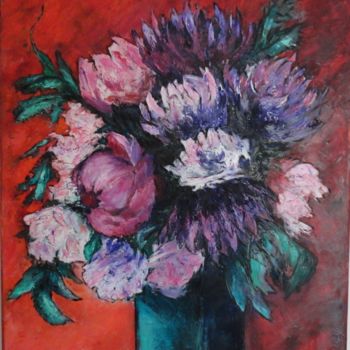 Painting titled "Rose et dahlias" by Françoise Folley, Original Artwork, Oil