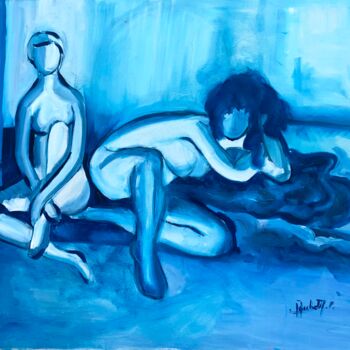 Peinture intitulée ""Pause bleue alangu…" par Françoise Marchetti, Œuvre d'art originale, Huile Monté sur Châssis en bois