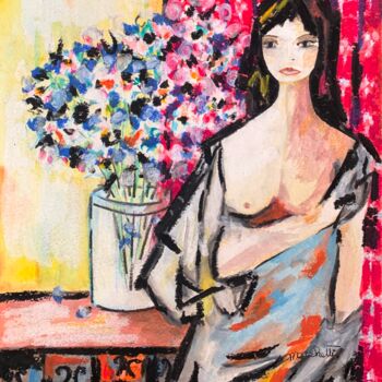 Peinture intitulée ""Femme au bouquet e…" par Françoise Marchetti, Œuvre d'art originale, Pastel