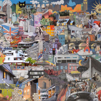 Collages intitulée "URBANIHIL" par Jannet, Œuvre d'art originale, Collages Monté sur Panneau de bois