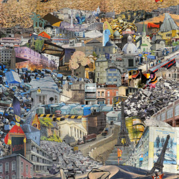 Collages titled "URBANIHIL 2" by Jannet, Original Artwork, Collages Mounted on Wood Panel
