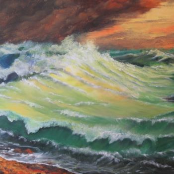 Painting titled "La Vague verte" by Françoise Rutillet, Original Artwork, Oil Mounted on Wood Stretcher frame