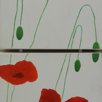 Painting titled "Coquelicots" by Francoise Souriau, Original Artwork, Oil Mounted on Wood Stretcher frame