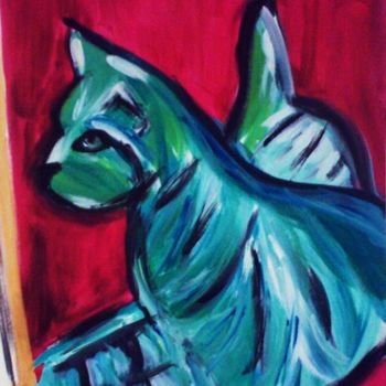 Schilderij getiteld "Chat vert" door Framboise, Origineel Kunstwerk, Olie