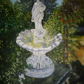 Painting titled "La statue ,le chat…" by Françoise-Elisabeth Lallemand, Original Artwork, Oil