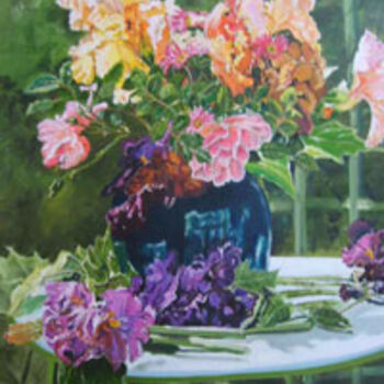 Картина под названием "Bouquet d'iris et d…" - Françoise-Elisabeth Lallemand, Подлинное произведение искусства, Масло