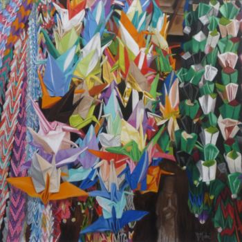 Drawing titled "Cascade d'origamis" by Françoise Mahe, Original Artwork, Pastel