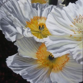 Drawing titled "Pavots blancs" by Françoise Mahe, Original Artwork, Pastel