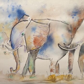 Painting titled "Les elephants a ma…" by Françoise Pillou, Original Artwork, Watercolor