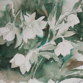 Peinture intitulée "fleurs blanches" par Françoise Pillou, Œuvre d'art originale, Encre
