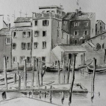 Dessin intitulée "le port de Venise" par Françoise Pillou, Œuvre d'art originale, Encre