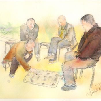 Ζωγραφική με τίτλο "joueurs de go en Ch…" από Françoise Pillou, Αυθεντικά έργα τέχνης, Ακουαρέλα