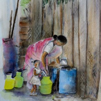 Pintura intitulada "Inde - avec maman" por Françoise Pillou, Obras de arte originais, Aquarela