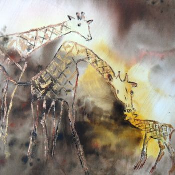 Painting titled "La famille girafe" by Françoise Pillou, Original Artwork, Watercolor