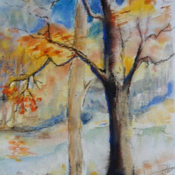 Painting titled "Dans la forêt" by Françoise Pillou, Original Artwork, Watercolor