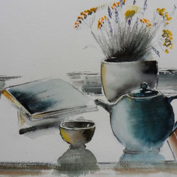 Painting titled "tea_time" by Françoise Pillou, Original Artwork, Watercolor