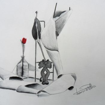 Drawing titled "Le chat et la tulipe" by Françoise Pillou, Original Artwork, Ink
