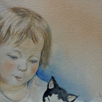 Painting titled "chatonrosalie.jpg" by Françoise Pillou, Original Artwork, Watercolor