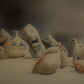 Картина под названием "jarres-et-pintades-…" - Françoise Pillou, Подлинное произведение искусства, Акварель